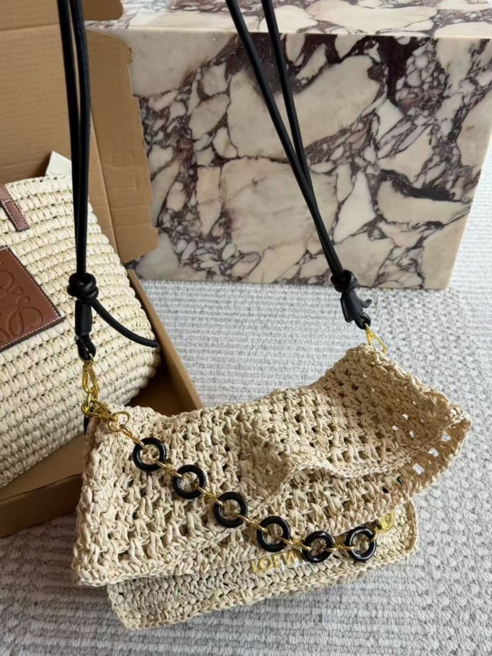 Loewe Woven Flap Crossbody Bag Circle Chain Hardware Adjustable Knotted Strap